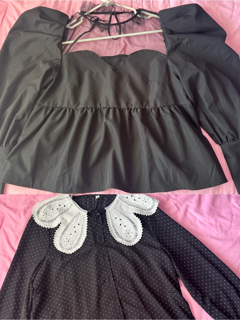 SHEIN Polka Dot Blouse w/ Eyelet Collar L. Black Puff Sleeve Peplum Used Bundle